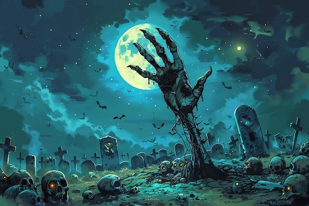 Photo a painting of a skeleton in a graveyard with a full moon in the background