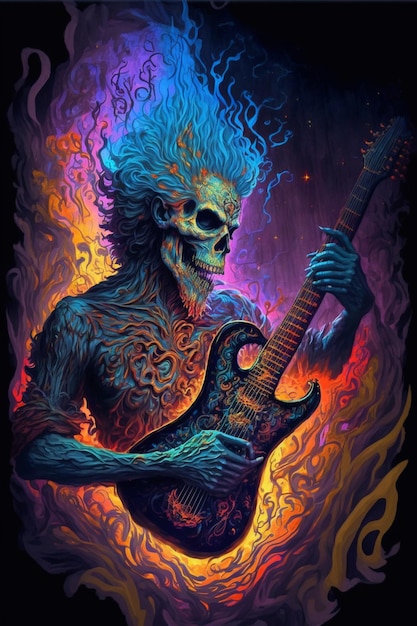 Painting of skeleton headless with guitar in the background generative ai