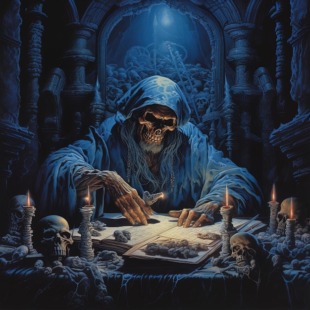 Photo a painting of a skeleton reading a book with a skull and bones in the background