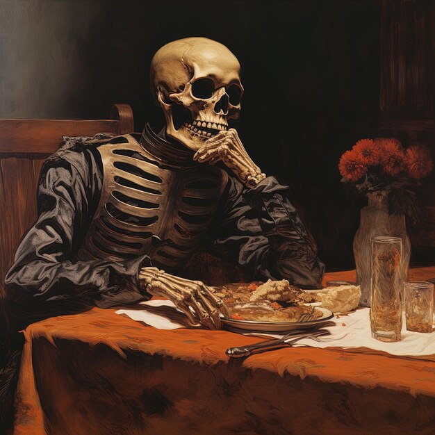 a painting of a skeleton sitting at a table with a vase of flowers and a vase with flowers