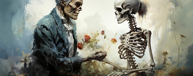 a painting of a skeleton and a skeleton with a hand pointing at the viewer.