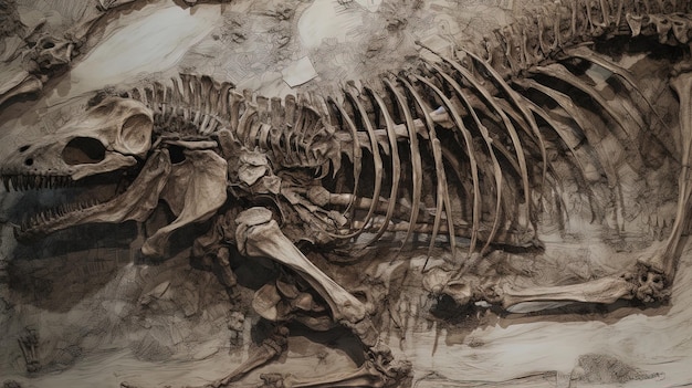 A painting of a skeleton of a tyrannosaurus rex