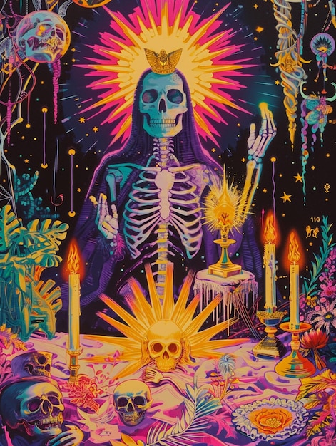 Картина скелета с короной и свечами в саду