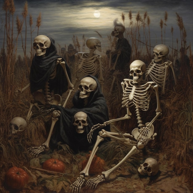 A painting of skeletons in a field of pumpkins.