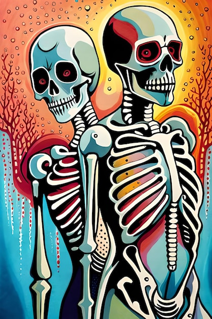 A painting of skeletons with the word day of the dead on it.