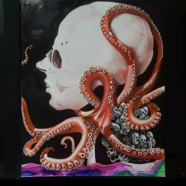 Photo a painting of a skull and octopus with a womans face