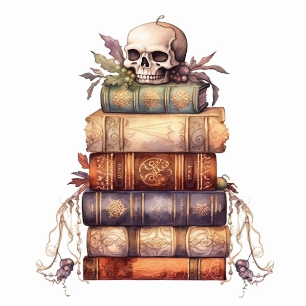 Foto un dipinto di un cranio seduto sopra una pila di libri generativo ai