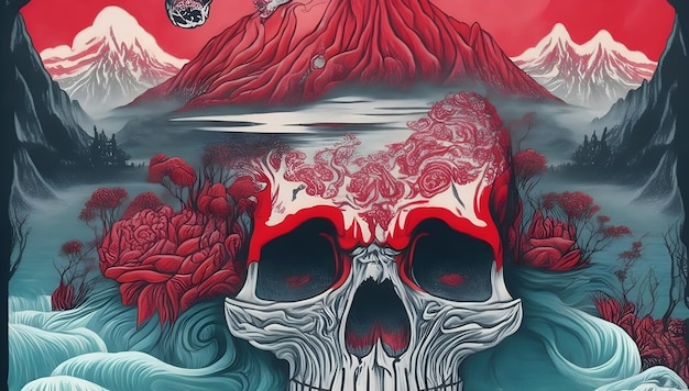 a painting of a skull and a skull with red eyes and a red sun in the background