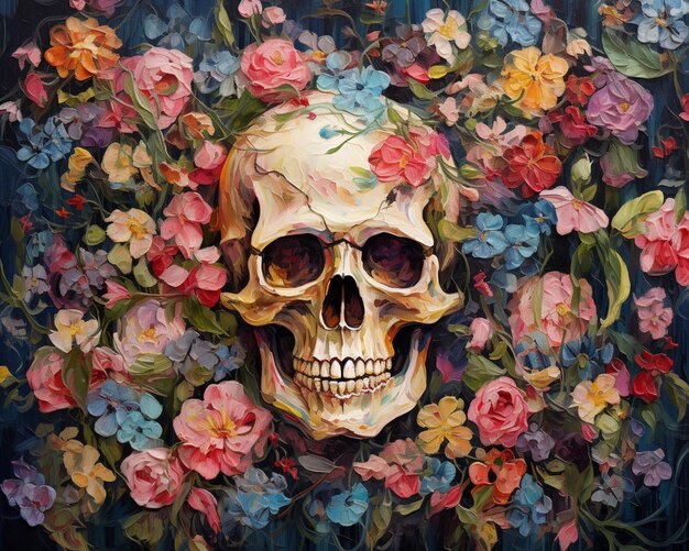 painting of a skull surrounded by flowers on a blue background generative ai