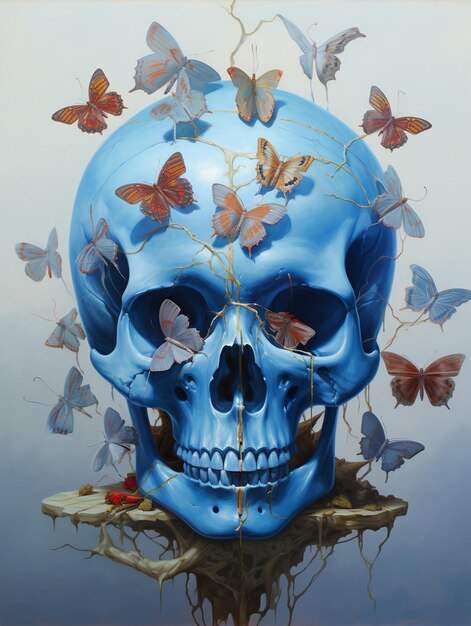 花と蝶に囲まれた頭蓋骨の絵 ヴァニタスの忘れられないほど美しい芸術