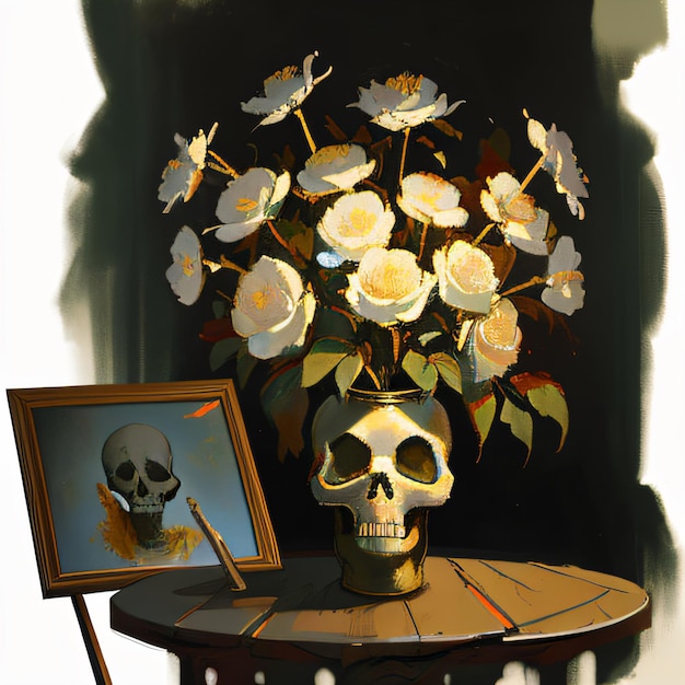 Photo a painting of a skull and a vase of flowers