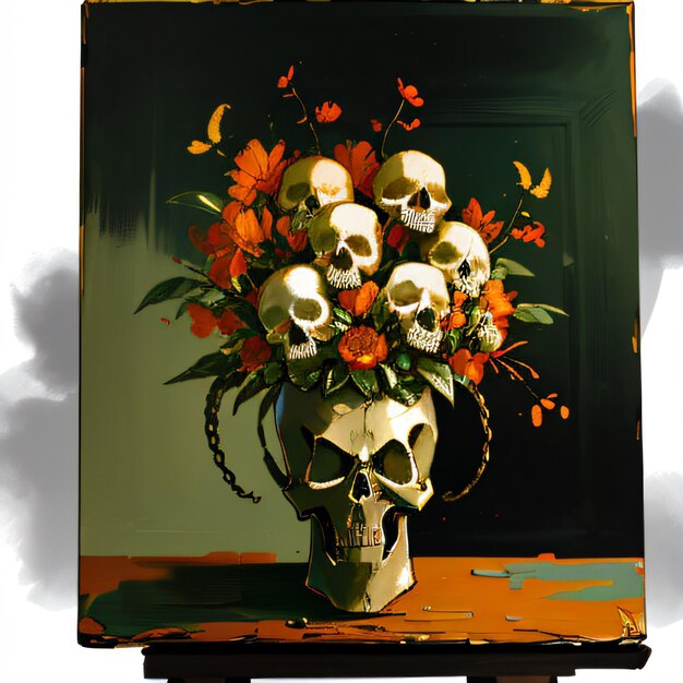 a painting of a skull vase with flowers