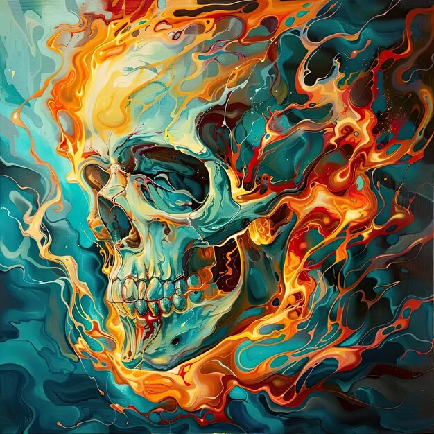A painting of a skull with flames coming out of it