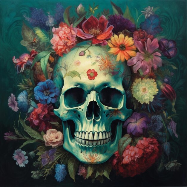 Photo painting of a skull with flowers in the background generative ai