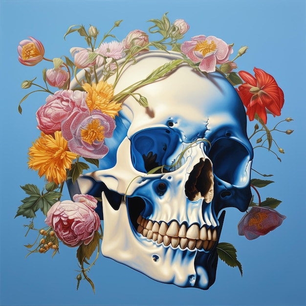 A painting of a skull with flowers on it digital image