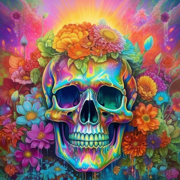 A painting of a skull with flowers on its head generative ai