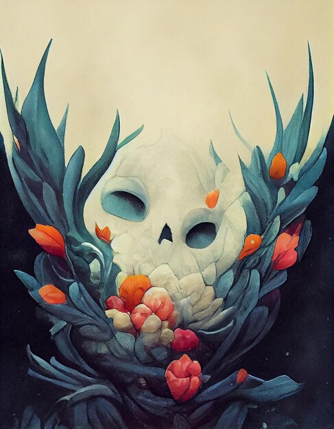 painting of a skull with flowers and leaves in front of a moon generative ai