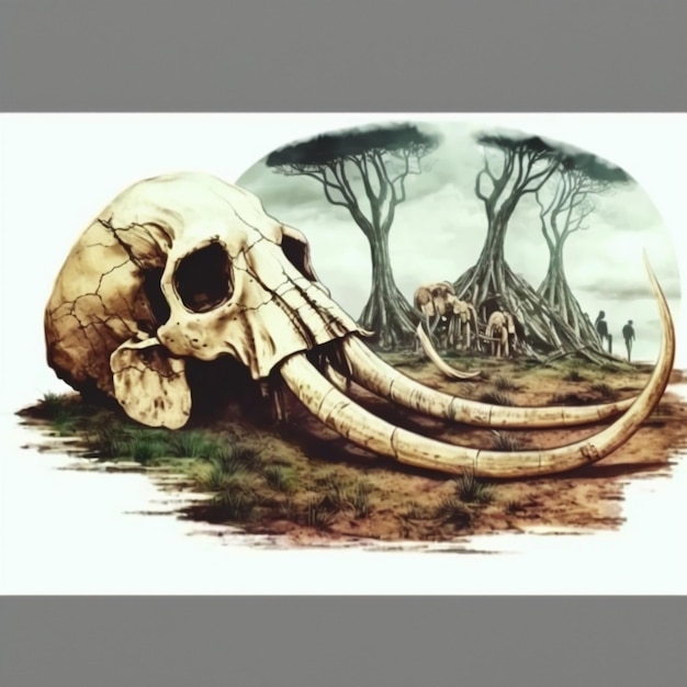 painting of a skull with a long tusk in a field generative ai