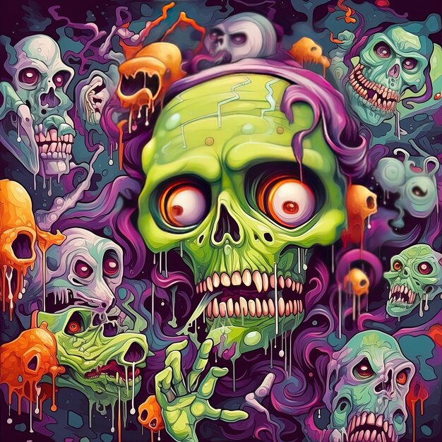 a painting of a skull with many spooky faces and spooky faces