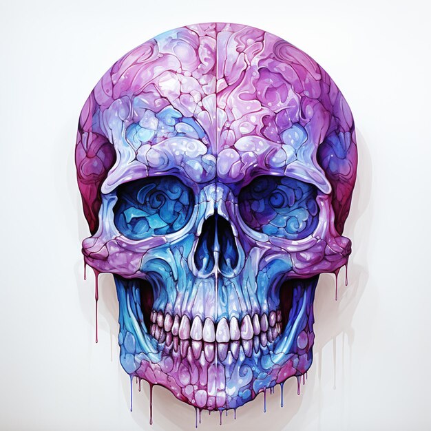 Foto dipinto di un cranio con una vernice viola e blu gocciola su di esso generativo ai