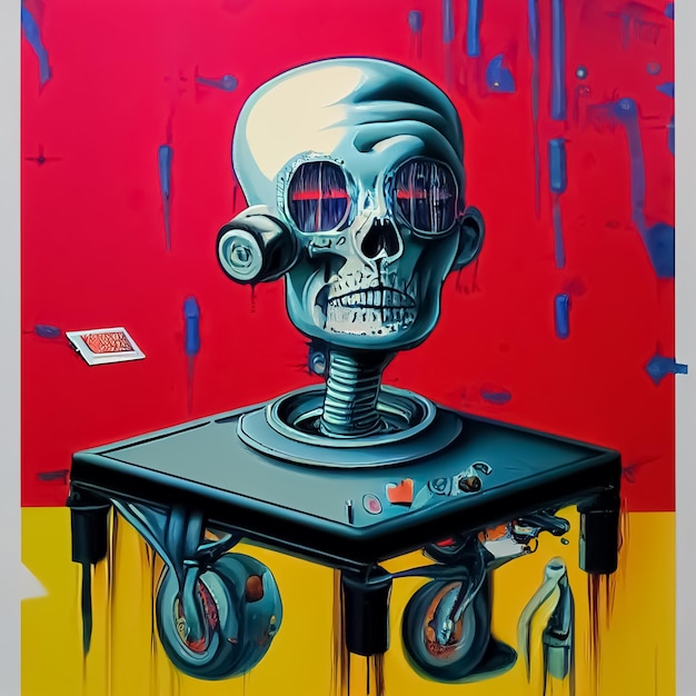 A painting of a skull with a red background and the word skull on it.