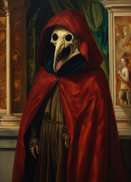 a painting of a skull with a red cape and a red cloak