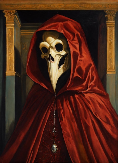 a painting of a skull with a red cape and a red cloak