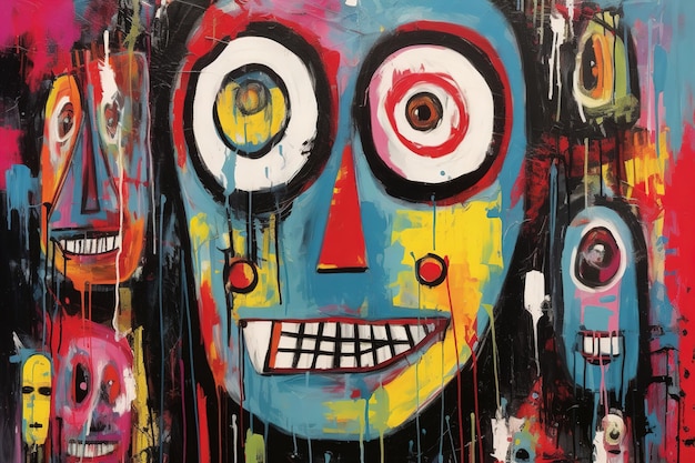 a painting of a skull with a red eyes and a yellow eye