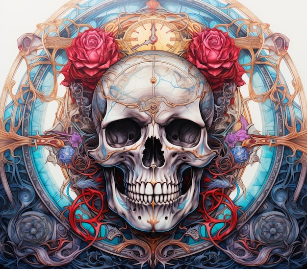 Painting of a skull with roses and a clock in the background generative ai