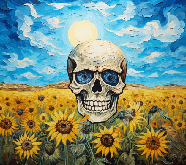 Painting of a skull with sunglasses in a field of sunflowers generative ai