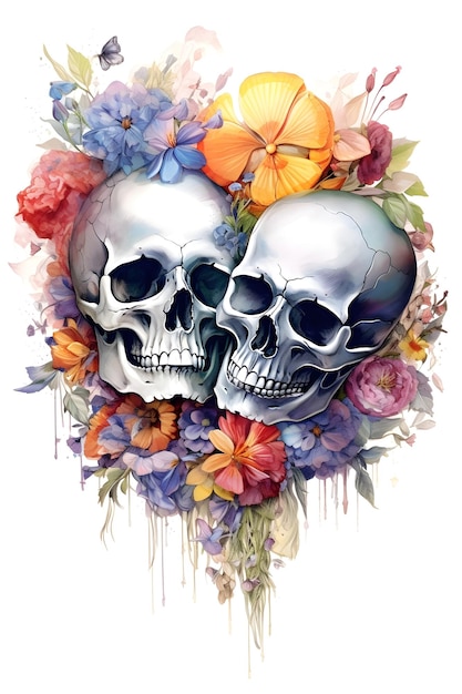 花と「skull」という文字が描かれた頭蓋骨の絵。