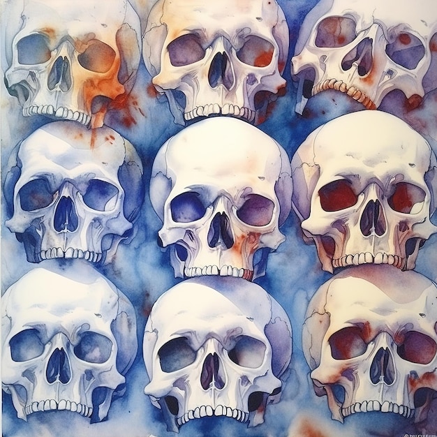 A painting of skulls with a red stain.