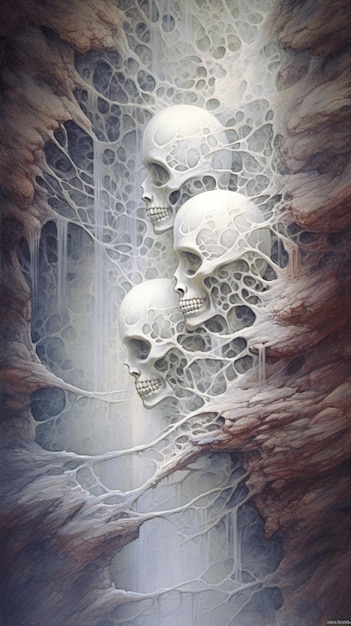 A painting of skulls with the word skull on it
