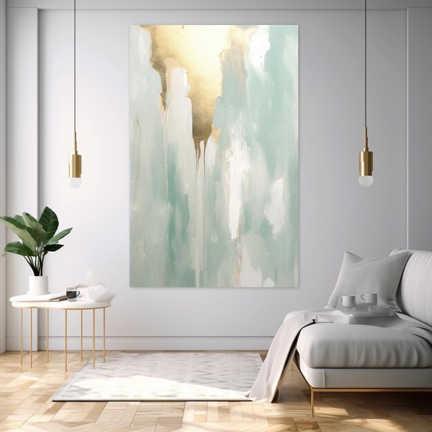 a painting of a sky and a plant in a room.