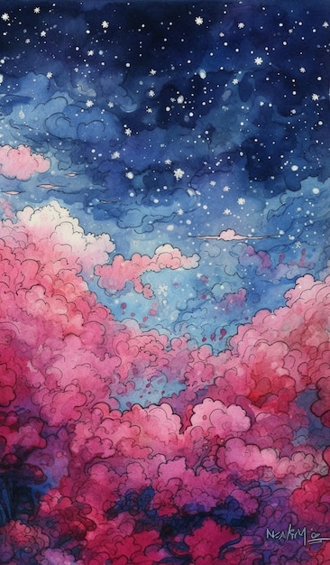 A painting of a sky with clouds and stars.