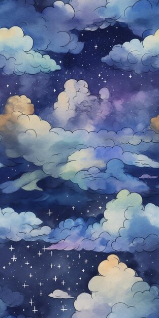 A painting of a sky with clouds and stars.