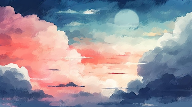 A painting of a sky with clouds and the sun