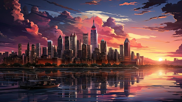 A painting of the skyline at sunset.