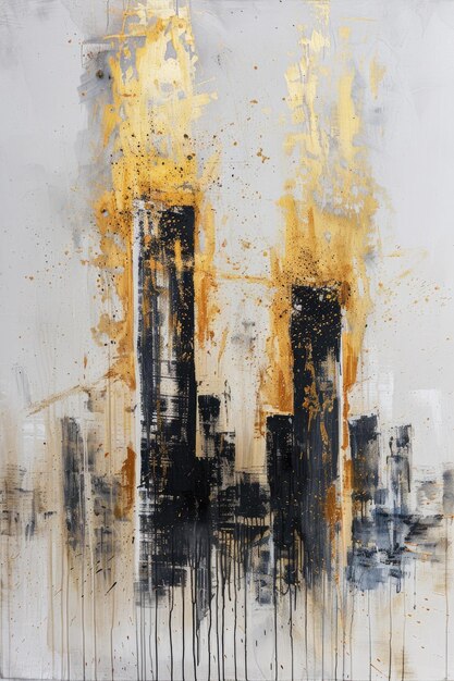 a painting of a skyscraper with a yellow flame on it