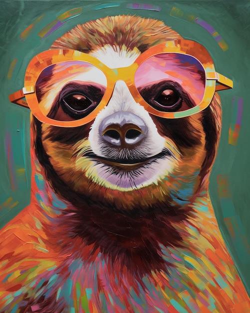 Painting of a sloth wearing glasses on a green background generative ai