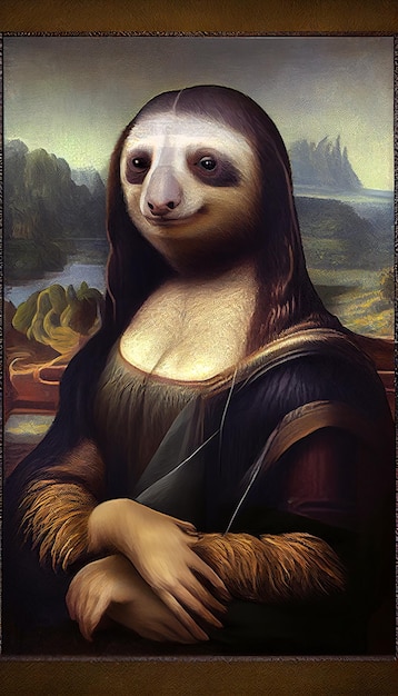 Картина ленивца с картиной женщины с длинным носом.