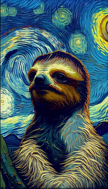 A painting of a sloth with the starry night sky in the background.