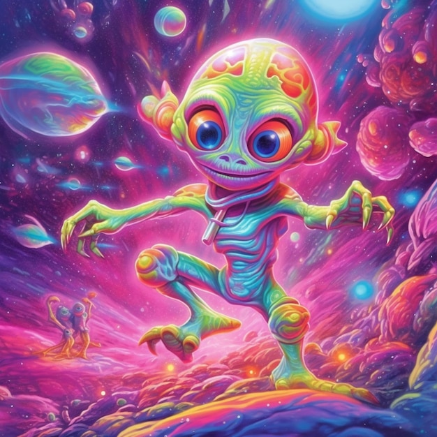 Картина маленького инопланетянина со светящимся лицом и руками, генерирующий искусственный интеллект