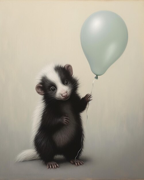 painting of a small black and white ferret holding a blue balloon generative ai