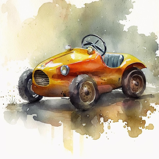 A painting of a small car with a red top.