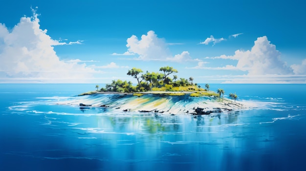 A painting of a small island in the middle of the ocean