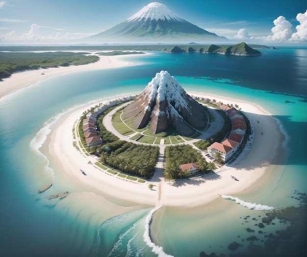 A painting of a small island with a mountain in the background