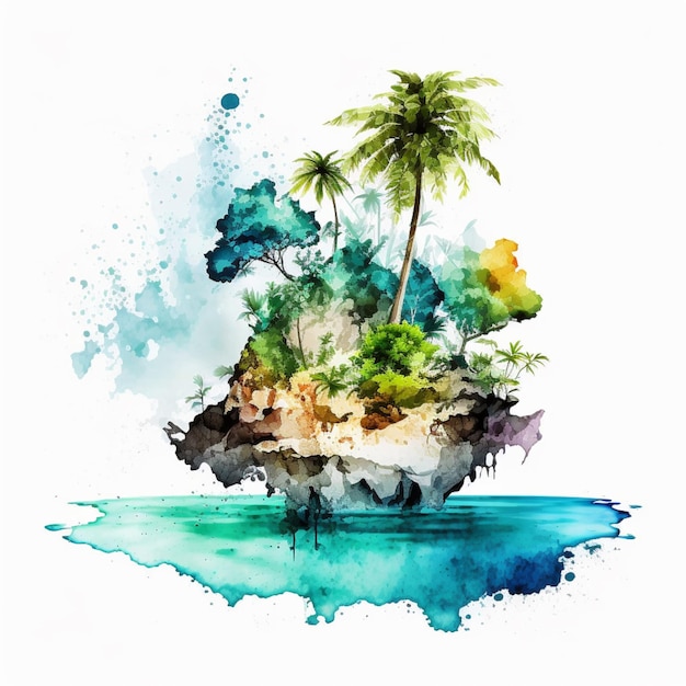 Foto un dipinto di una piccola isola con palme e spruzzi di acquerello generativo ai