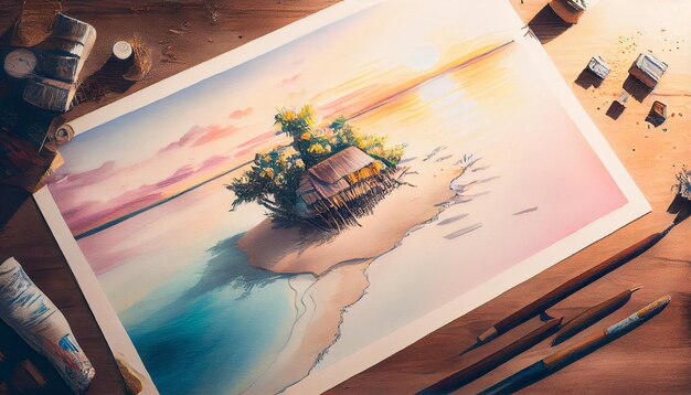 Photo painting of a small island with a tree on a beach generative ai