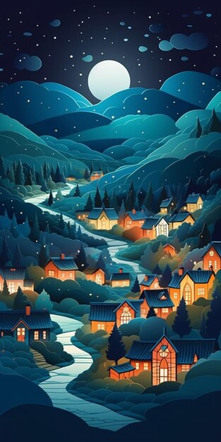 A painting of a small town with a starry night sky and a small town with a moon in the sky.